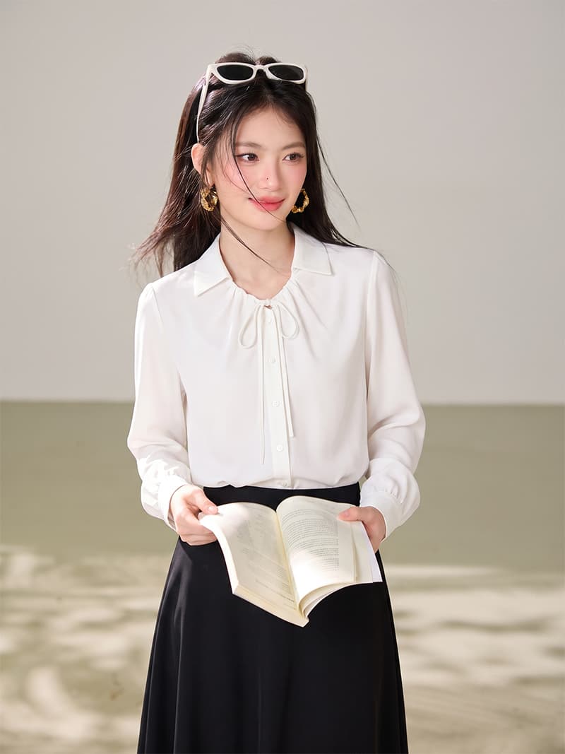 실사 2026 가을 새로운 화이트 프랑스식 디자인 센스 아세트산 도루 센스 긴팔 출퇴근 경력 V넥 셔츠 상세 이미지 6