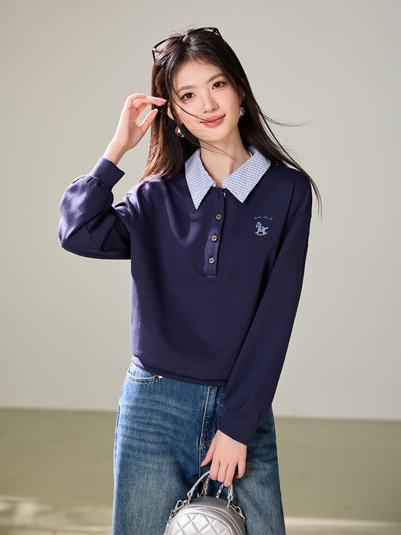캐주얼 바람 POLO 칼라 긴팔 티셔츠 여성 2026 가을 새로운 페이크 레이어드 미니멀리즘 다용도 맨위 이미지 2