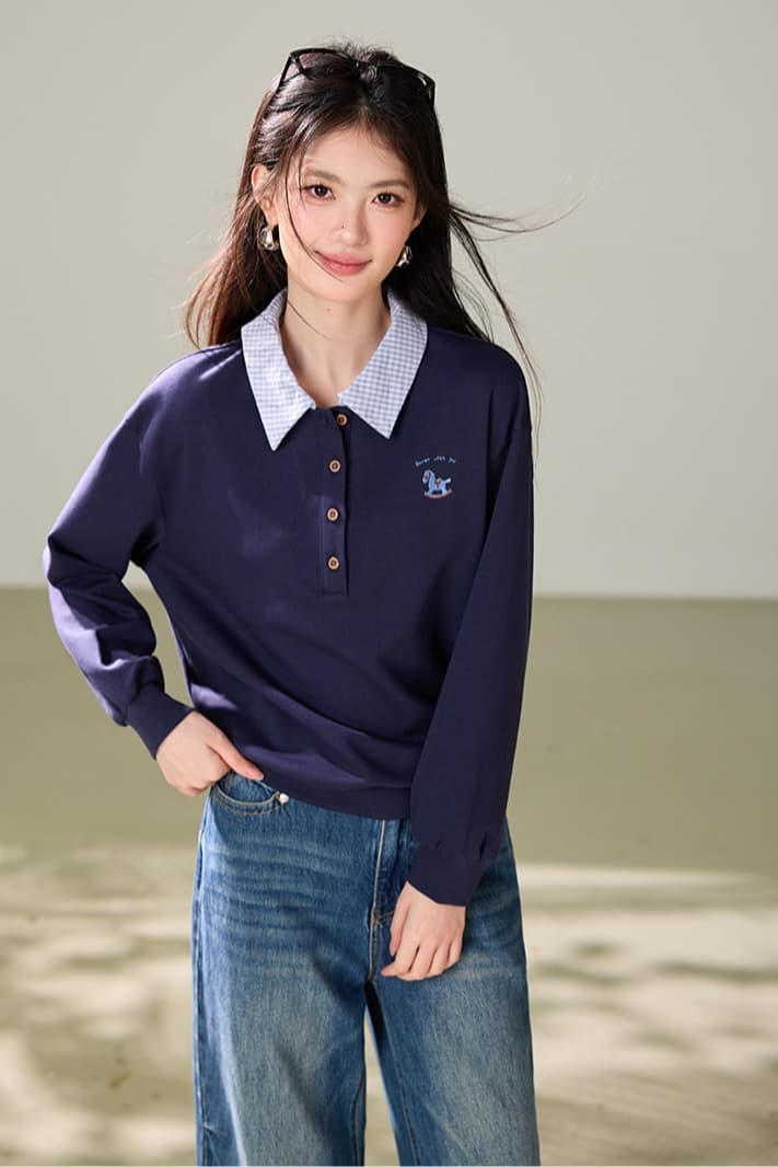 캐주얼 바람 POLO 칼라 긴팔 티셔츠 여성 2026 가을 새로운 페이크 레이어드 미니멀리즘 다용도 맨위 이미지 5