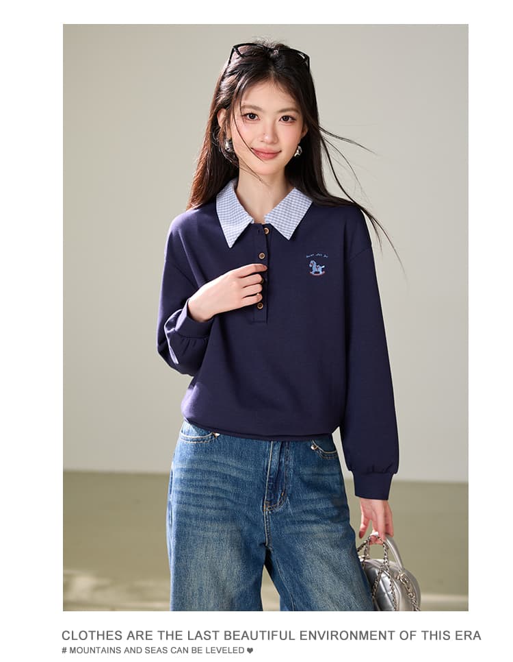캐주얼 바람 POLO 칼라 긴팔 티셔츠 여성 2026 가을 새로운 페이크 레이어드 미니멀리즘 다용도 맨위 상세 이미지 8