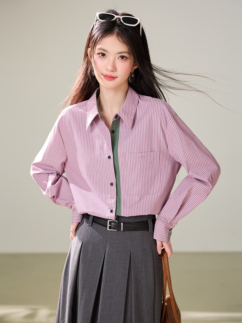 레트로 배색 세로 줄무늬 여성 셔츠 2026 가을 새로운 캐주얼 직장 출퇴근 디자인 센스 긴팔 맨위