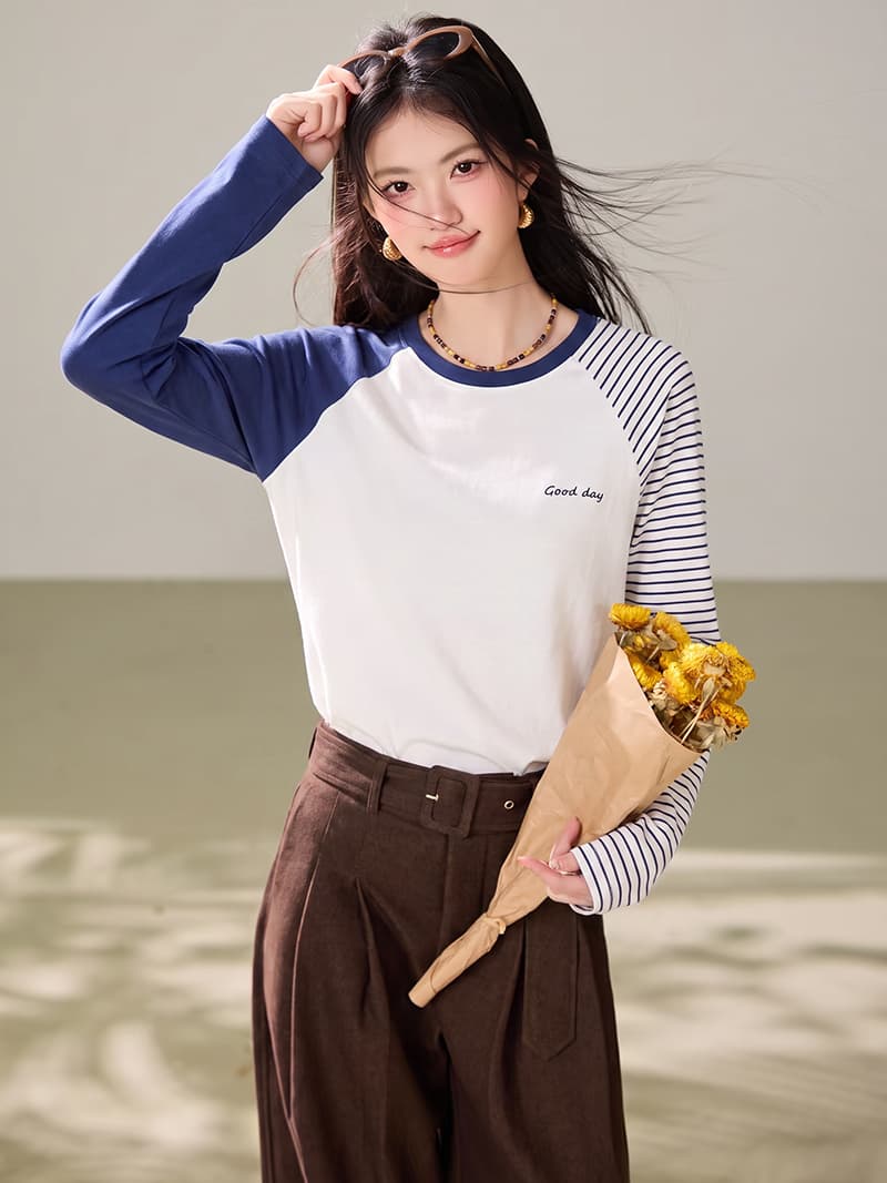 실사 2026 가을 디자인 센스 블루 화이트 패치워크 색상 스트라이프 긴팔 티셔츠 여성 레저 루즈핏 맨위 이미지 3