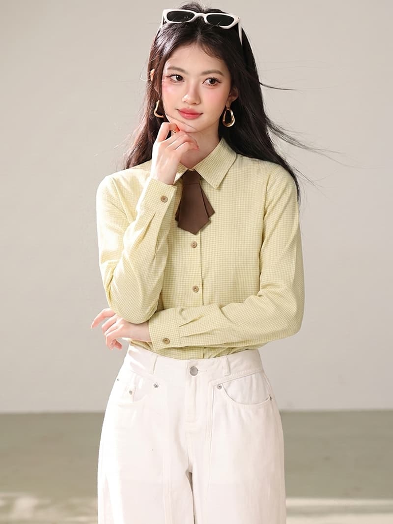 실사 2026 가을 캐주얼 체크무늬 나비 넥타이 장식 싱글 줄 버튼 긴팔 품격 인사이드 잡아라. 의류 이미지 4