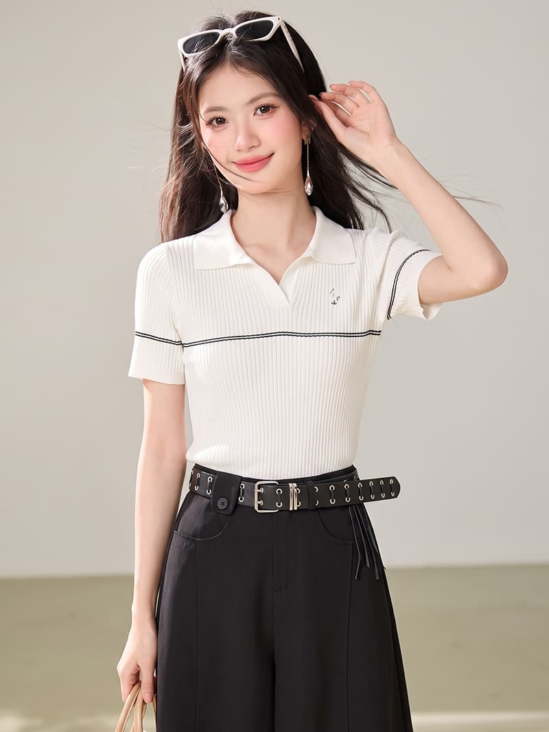 한 부서 품격 작은 말 자수 POLO 칼라 반팔 니트 스웨터 여성 여름 디자인 센스 몸매 가꾸기 슬림해 보이는 다용도 맨위 상세 이미지 5