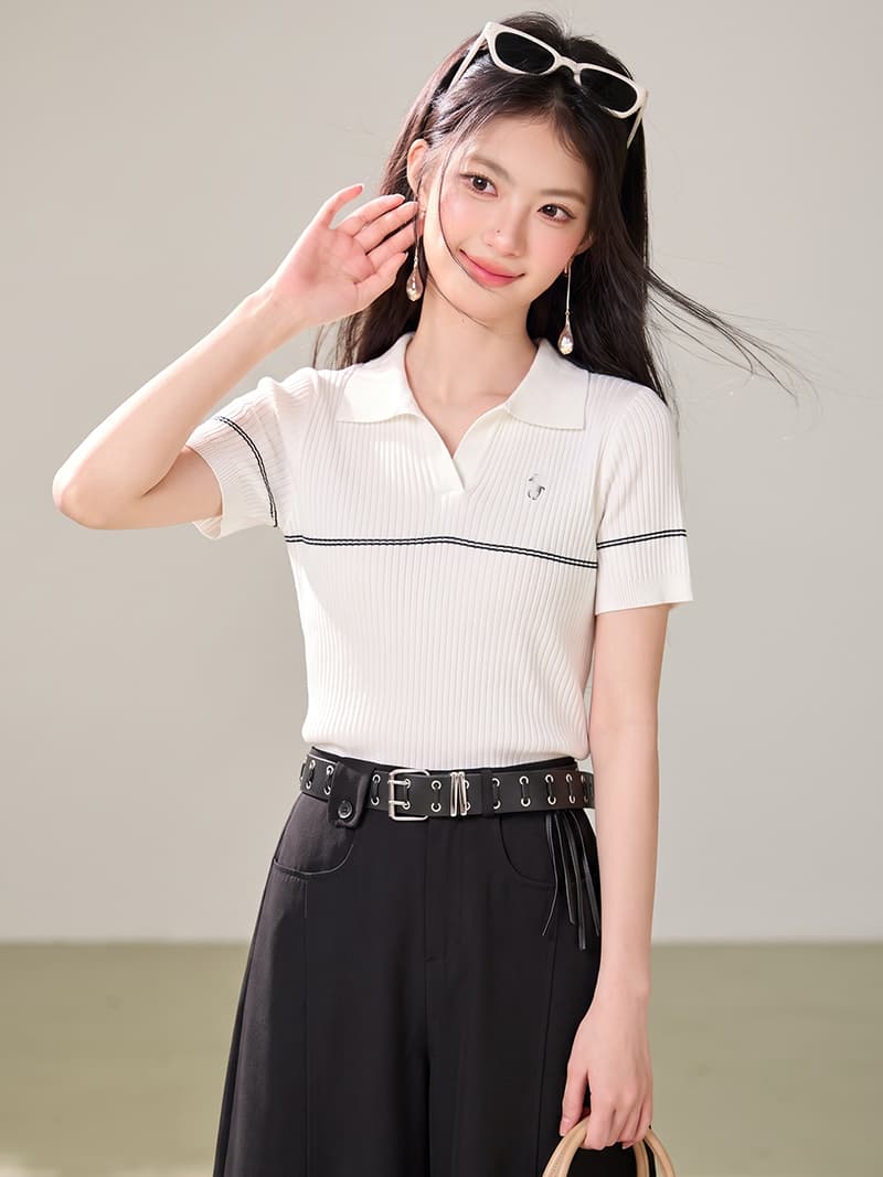 한 부서 품격 작은 말 자수 POLO 칼라 반팔 니트 스웨터 여성 여름 디자인 센스 몸매 가꾸기 슬림해 보이는 다용도 맨위 상세 이미지 6