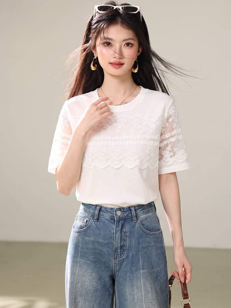 레이스 조각 라운드 넥 반팔 티셔츠 여성 여름 2026 새로운 디자인 센스 작은 대중 편안함 순면 자수 맨위 상세 이미지 4
