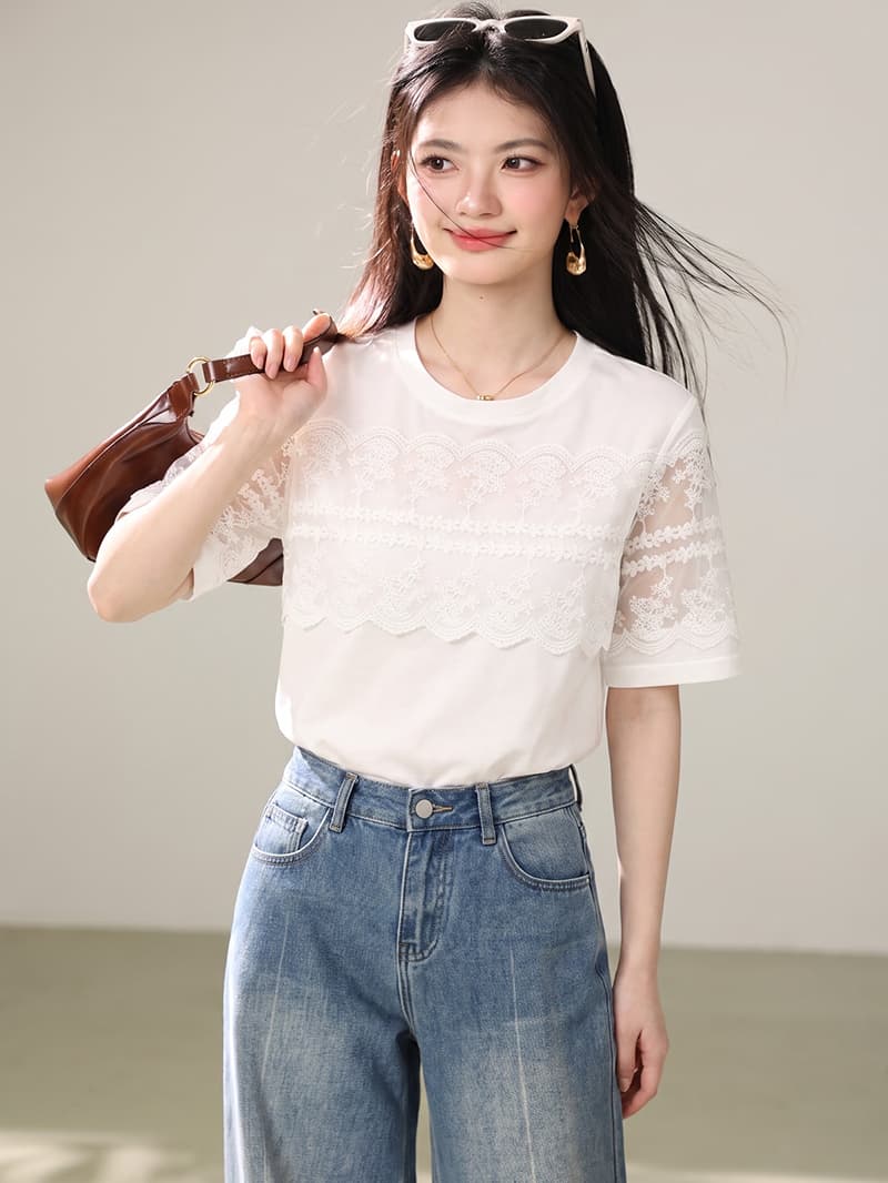 레이스 조각 라운드 넥 반팔 티셔츠 여성 여름 2026 새로운 디자인 센스 작은 대중 편안함 순면 자수 맨위 상세 이미지 5