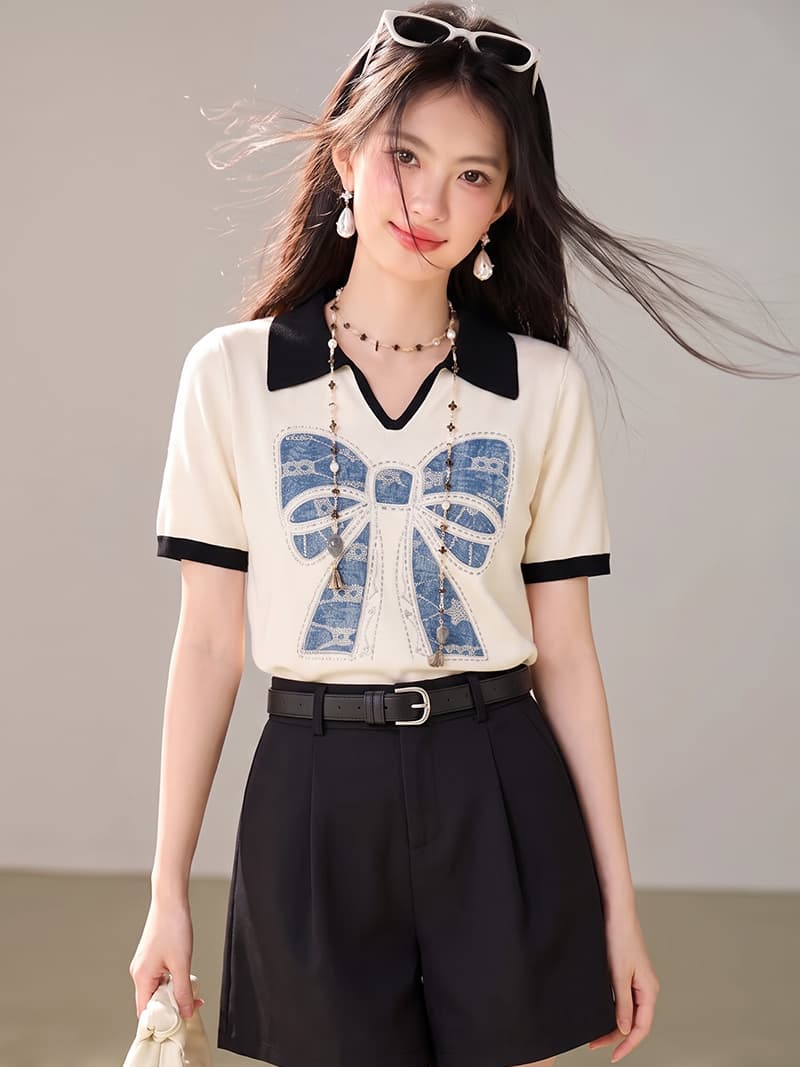 실사 있음 2026 여름 새로운 연령 감소 배색 POLO 칼라 긍정적 인 어깨 반팔 니트 티셔츠 상세 이미지 6