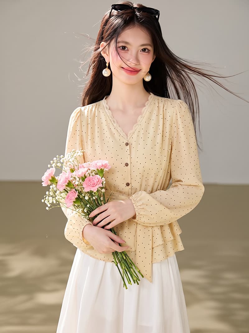 허리 수축 도트 무늬 레이스 여성 셔츠 2026 가을 표지 고기 슬림해 보이는 부드러운 셔츠 상세 이미지 4