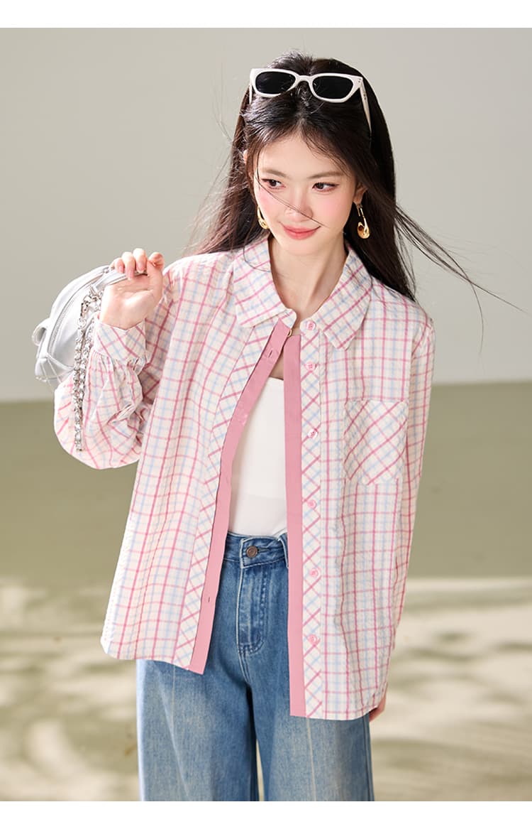 실사 핑크색 체크무늬 긴팔 셔츠 여성 2026 가을 새로운 루즈핏 폴로 칼라 캐주얼 바람 미니멀리즘 맨위 상세 이미지 7