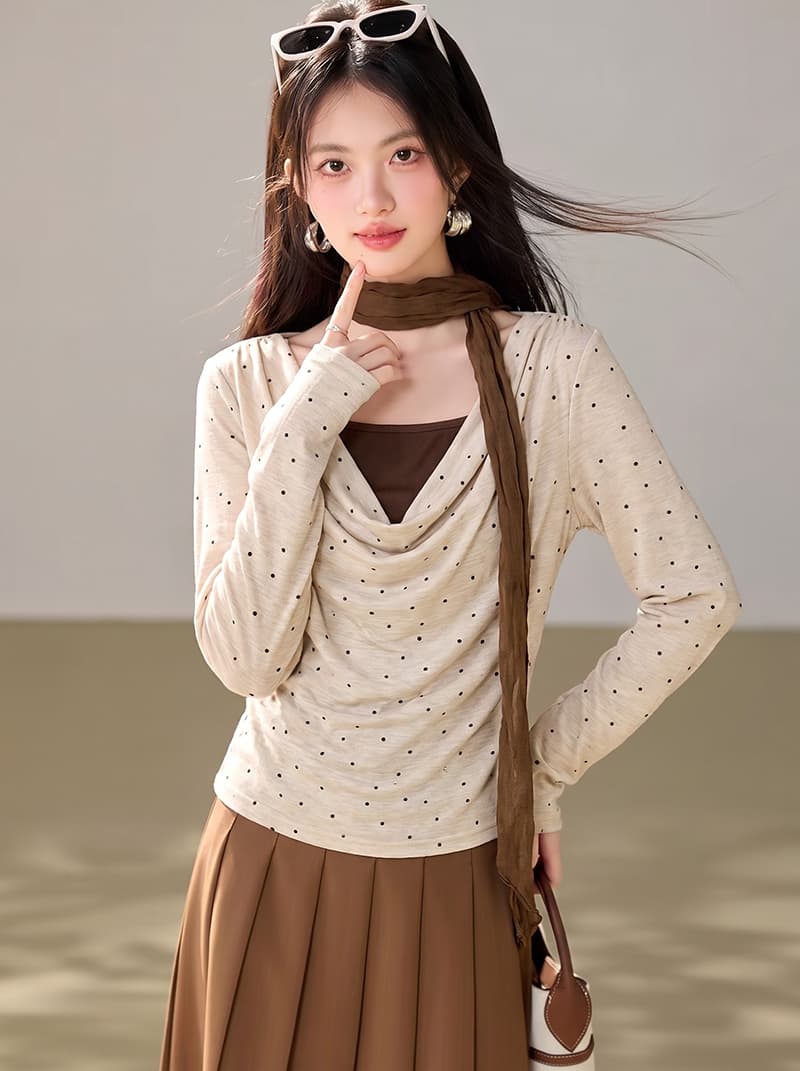 흔들다 칼라 도트 무늬 페이크 레이어드 긴팔 티셔츠 여성 2026 봄 가을 통통한 여동생 표지 배 슬림해 보이는 표지 고기 맨위 이미지 4
