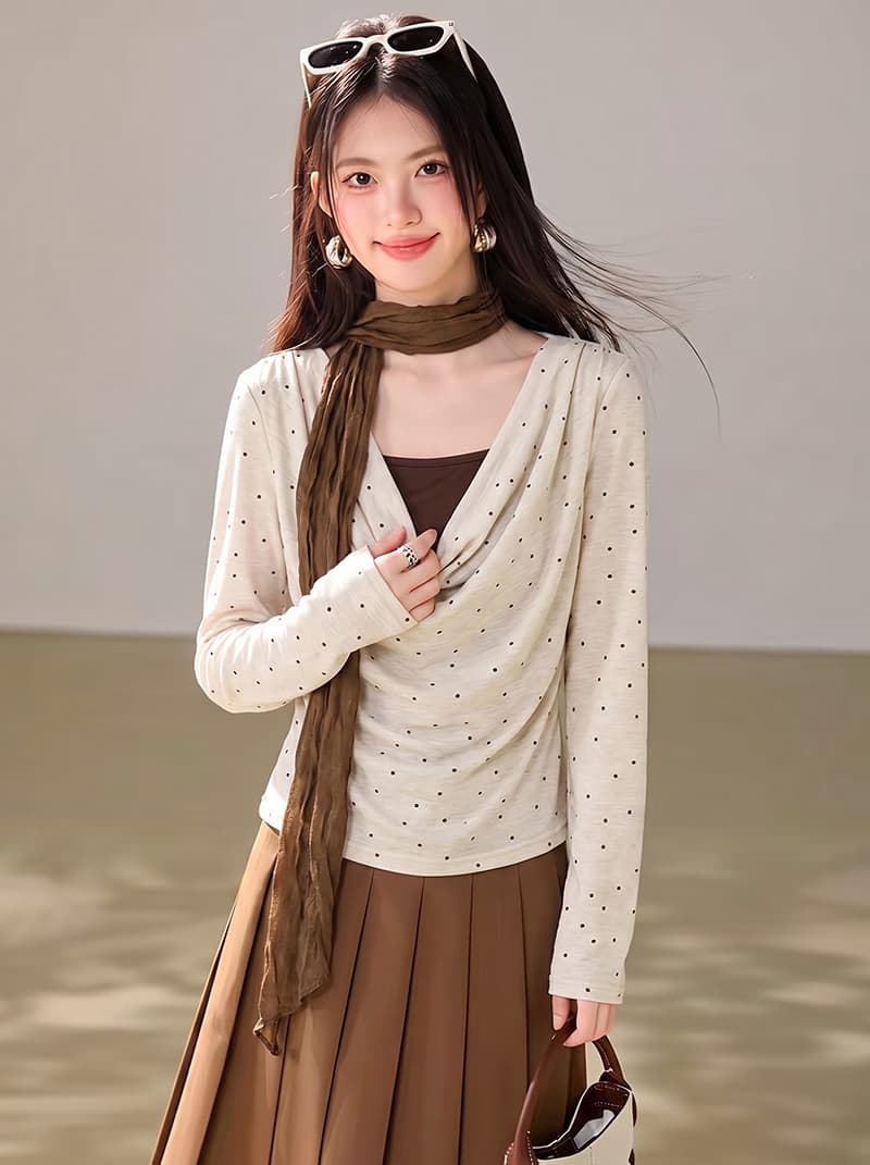 흔들다 칼라 도트 무늬 페이크 레이어드 긴팔 티셔츠 여성 2026 봄 가을 통통한 여동생 표지 배 슬림해 보이는 표지 고기 맨위 상세 이미지 2
