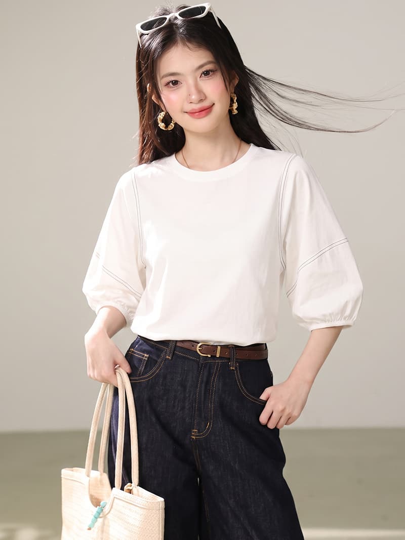 7 점 벌룬 소매 티셔츠 여성 2026 이른 가을 새로운 느긋한 캐주얼 배색 선 라운드 넥 맨위 상세 이미지 3