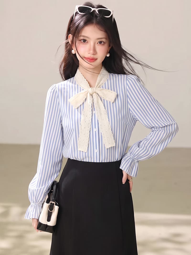 실사 2026 가을 새로운 레이스업 나비 매듭 문예 바람 부드러운 긴팔 파란색 스트라이프 셔츠 맨위 이미지 4