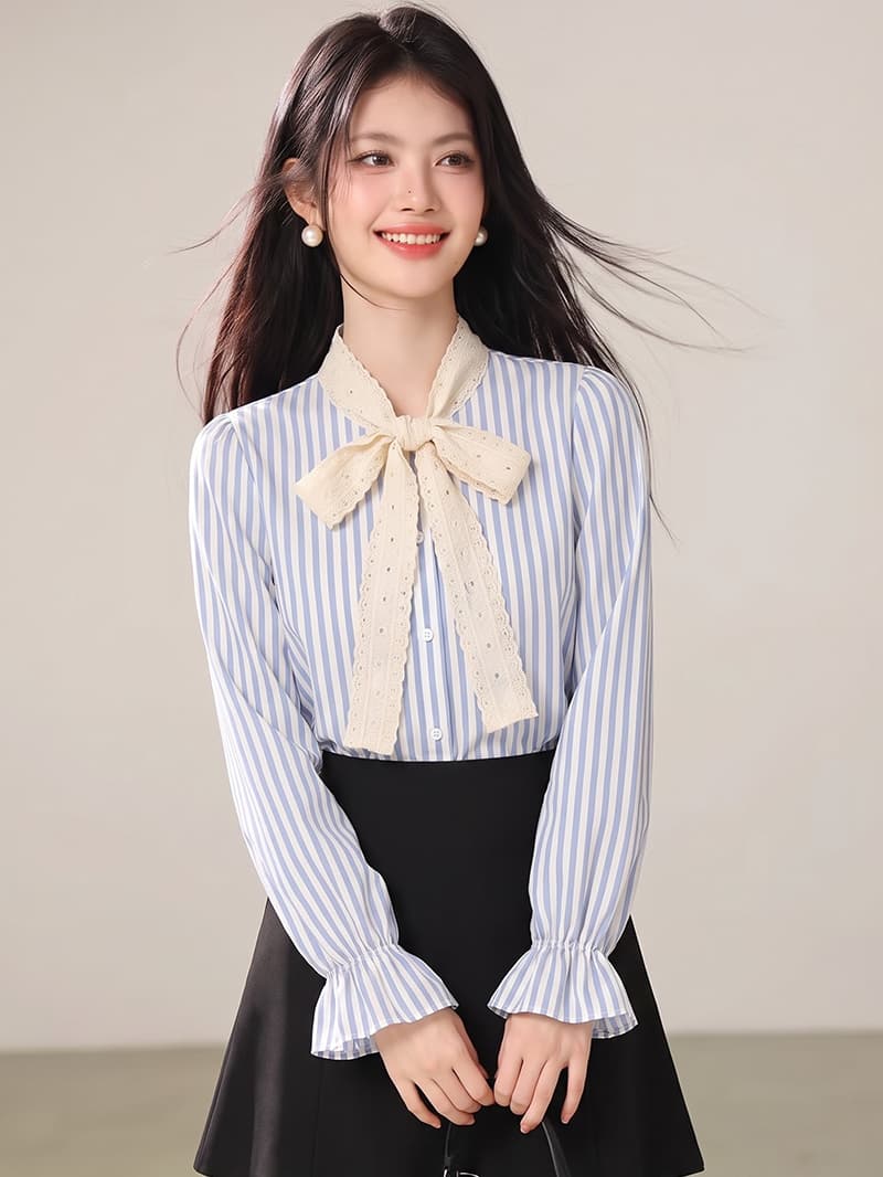 실사 2026 가을 새로운 레이스업 나비 매듭 문예 바람 부드러운 긴팔 파란색 스트라이프 셔츠 맨위 상세 이미지 6