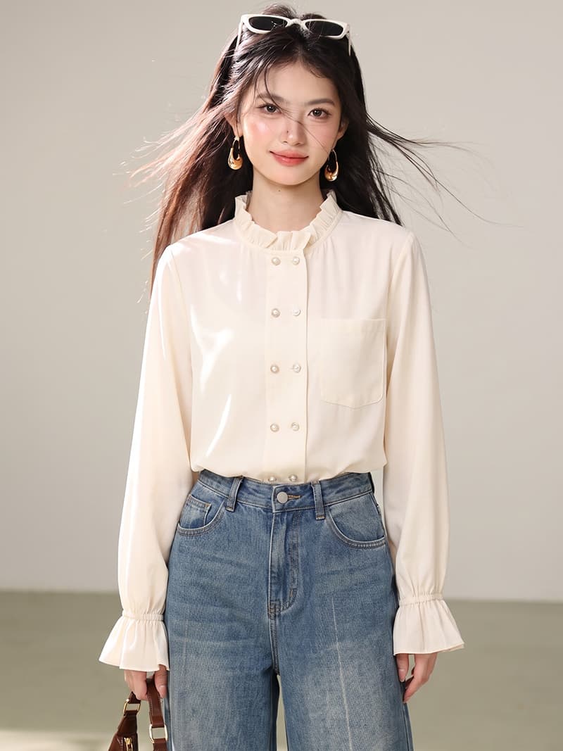 루즈핏 여성 셔츠 2026 가을 새로운 프릴 칼라 한국 스타일 나팔 소매 셔츠 상세 이미지 3