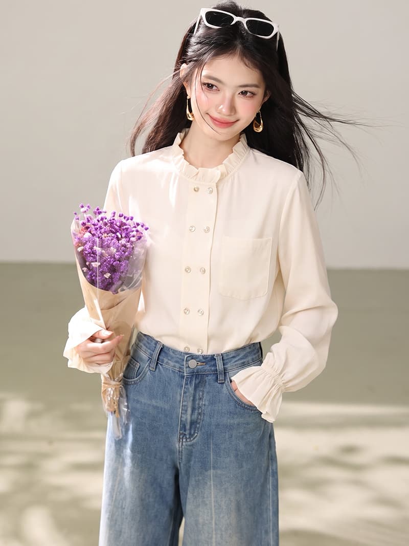 루즈핏 여성 셔츠 2026 가을 새로운 프릴 칼라 한국 스타일 나팔 소매 셔츠 상세 이미지 4