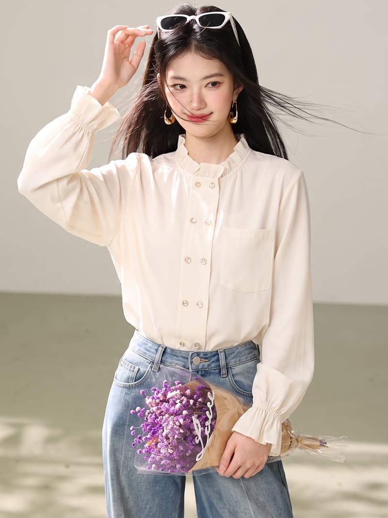 루즈핏 여성 셔츠 2026 가을 새로운 프릴 칼라 한국 스타일 나팔 소매 셔츠 상세 이미지 6