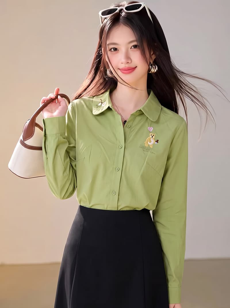 실사 2026 가을 작은 곰 자수 순면 여성 셔츠 패션 연령 감소 문예 신선함 긴팔 셔츠 상세 이미지 2