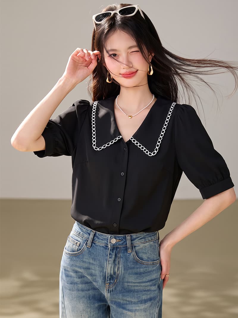 실사 2026 여름 새로운 베이비 칼라 레이스 디자인 프랑스식 출퇴근 반팔 쉬폰 톱 상세 이미지 3