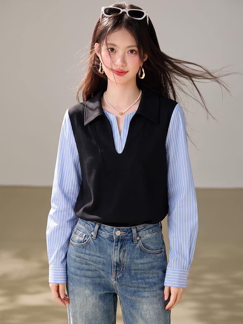 2026 봄과 겨울 새로운 빛 요리 한 미니멀리즘 셔츠 패치워크 폴로 칼라 페이크 레이어드 후드티 이미지 3