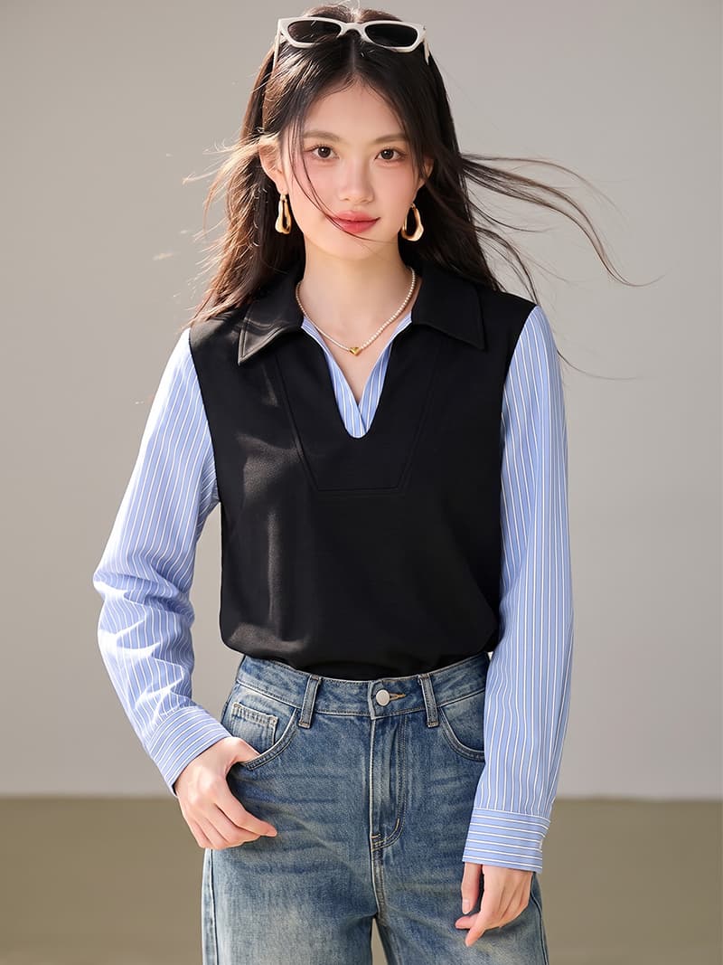 2026 봄과 겨울 새로운 빛 요리 한 미니멀리즘 셔츠 패치워크 폴로 칼라 페이크 레이어드 후드티 이미지 2
