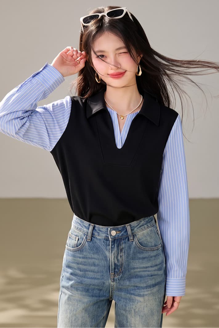 2026 봄과 겨울 새로운 빛 요리 한 미니멀리즘 셔츠 패치워크 폴로 칼라 페이크 레이어드 후드티 이미지 5