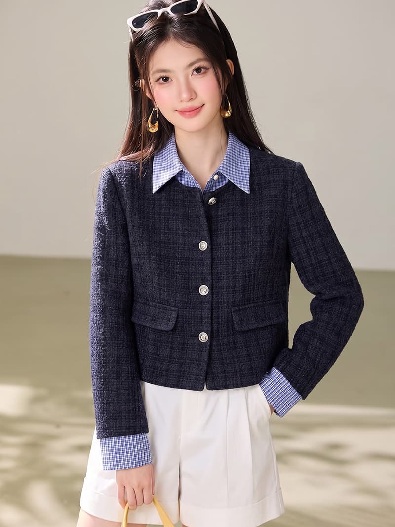 탈착식 칼라 2026 겨울 새로운 레트로 페이크 레이어드 패치워크 향기로운 질감 재킷 폴로 칼라 루즈핏 짧은 여성 이미지 3