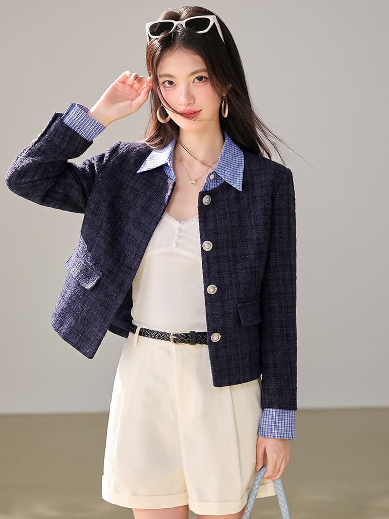 탈착식 칼라 2026 겨울 새로운 레트로 페이크 레이어드 패치워크 향기로운 질감 재킷 폴로 칼라 루즈핏 짧은 여성 이미지 4