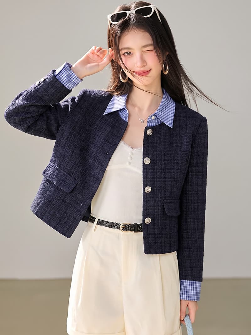탈착식 칼라 2026 겨울 새로운 레트로 페이크 레이어드 패치워크 향기로운 질감 재킷 폴로 칼라 루즈핏 짧은 여성 상세 이미지 17