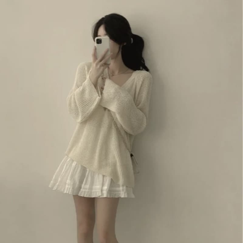지금 재고 있음 빅 사이즈 지방 mm 한국 chic 캐주얼 루즈핏 V넥 니트 느긋한 다용도 긴팔 자외선 차단 맨위 이미지 5