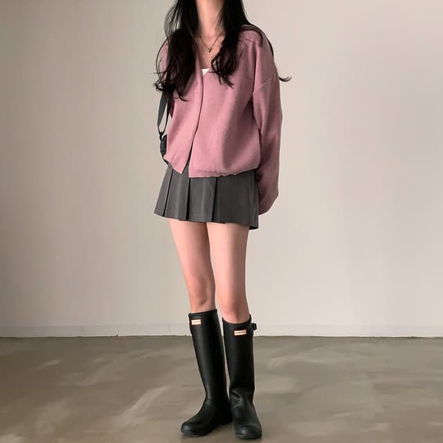 실사 빅 사이즈 한국 스타일 가을 겨울 느긋한 루즈핏 어둠 버클 가짜 가방 V넥 스웨터 오픈 가디건 다용도 미니멀리즘 재킷 단색 이미지 4