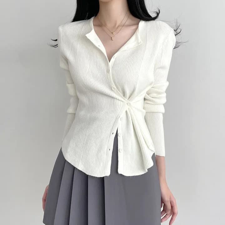 실사 빅 사이즈 한국 chic 봄 가을 니트 오픈 가디건 라운드 넥 슬림해 보이는 허리 수축 디자인 센스 비스듬한 구두 Chic 맨위