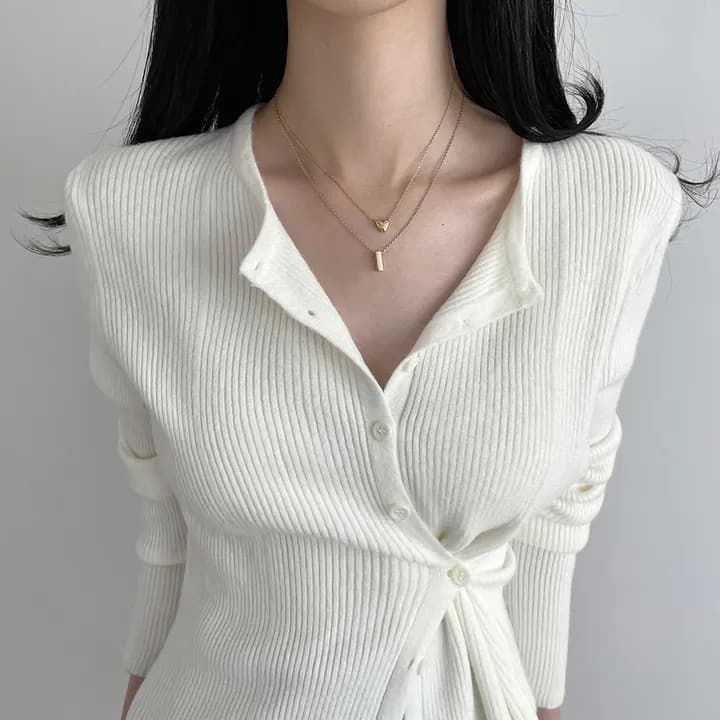 실사 빅 사이즈 한국 chic 봄 가을 니트 오픈 가디건 라운드 넥 슬림해 보이는 허리 수축 디자인 센스 비스듬한 구두 Chic 맨위 상세 이미지 5