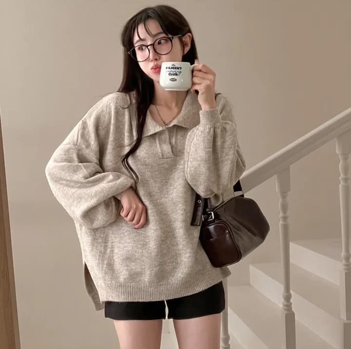 진짜 물품 빅 사이즈 한 chic 가을 겨울 뒤집다 V넥 스웨터 루즈핏 느긋한 보온 풀오버 밑단 트임 두꺼움 니트 스웨터 상세 이미지 18