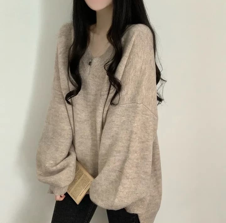 지금 재고 있음 V넥 스웨터 루즈핏 느긋한 보온 풀오버 앞이 짧고 뒤가 길다 밑단 트임 한국 스타일 두꺼움 니트 스웨터 상세 이미지 25