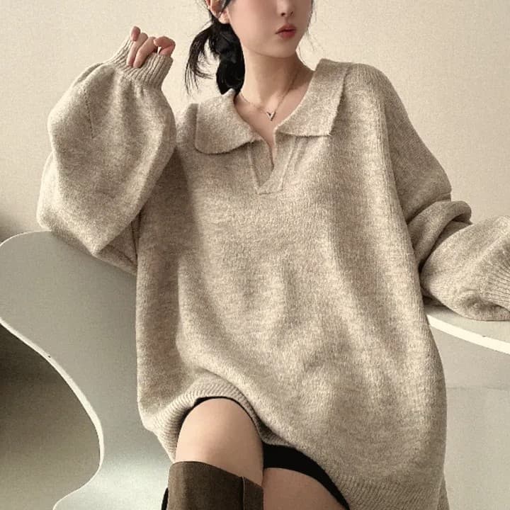진짜 물품 빅 사이즈 한 chic 가을 겨울 뒤집다 V넥 스웨터 루즈핏 느긋한 보온 풀오버 밑단 트임 두꺼움 니트 스웨터 상세 이미지 12