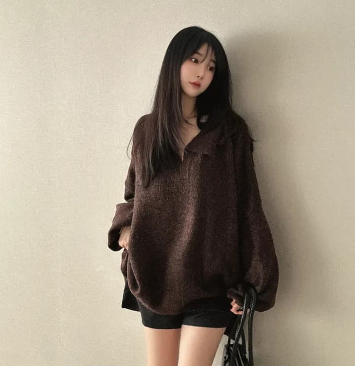 진짜 물품 빅 사이즈 한 chic 가을 겨울 뒤집다 V넥 스웨터 루즈핏 느긋한 보온 풀오버 밑단 트임 두꺼움 니트 스웨터 상세 이미지 13