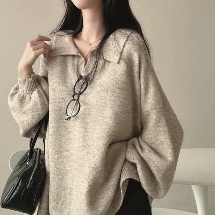 진짜 물품 빅 사이즈 한 chic 가을 겨울 뒤집다 V넥 스웨터 루즈핏 느긋한 보온 풀오버 밑단 트임 두꺼움 니트 스웨터 상세 이미지 17
