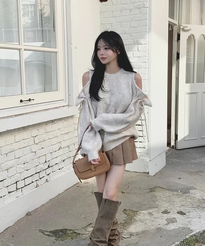 빅 사이즈 실사 한국 chic 가을 겨울 새로운 디자인 센스 작은 대중 오프숄더 니트 스웨터 루즈핏 슬림해 보이는 맨위 상세 이미지 16
