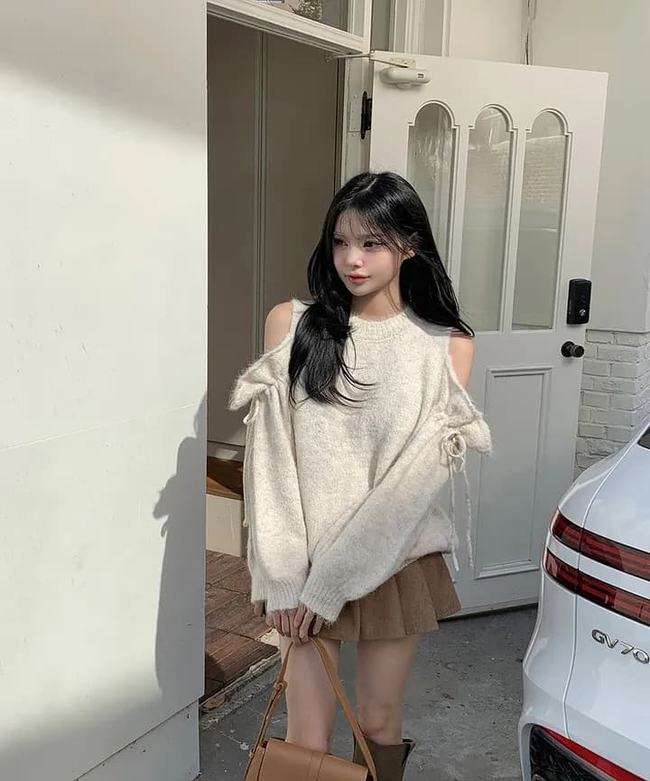 빅 사이즈 실사 한국 chic 가을 겨울 새로운 디자인 센스 작은 대중 오프숄더 니트 스웨터 루즈핏 슬림해 보이는 맨위 상세 이미지 18