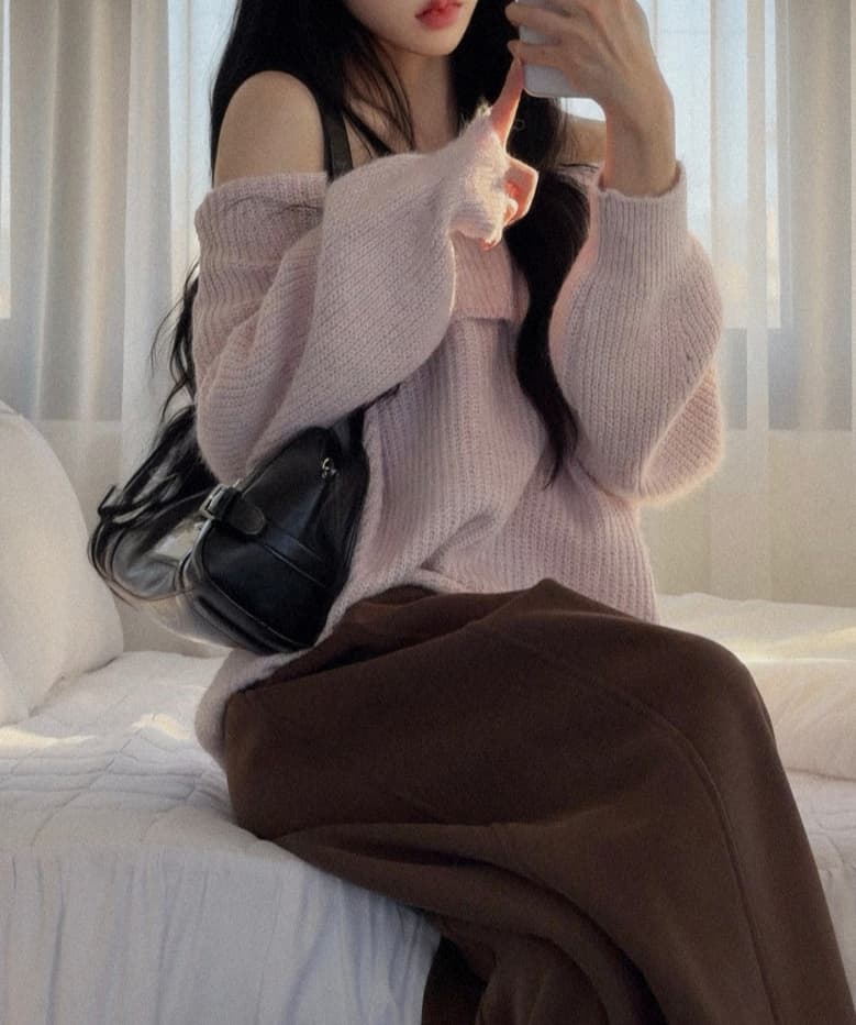 지금 재고 있음 빅 사이즈 여성 의류 한국 chic 오프숄더 루즈핏 가을 겨울 오프숄더 스웨터 상세 이미지 4