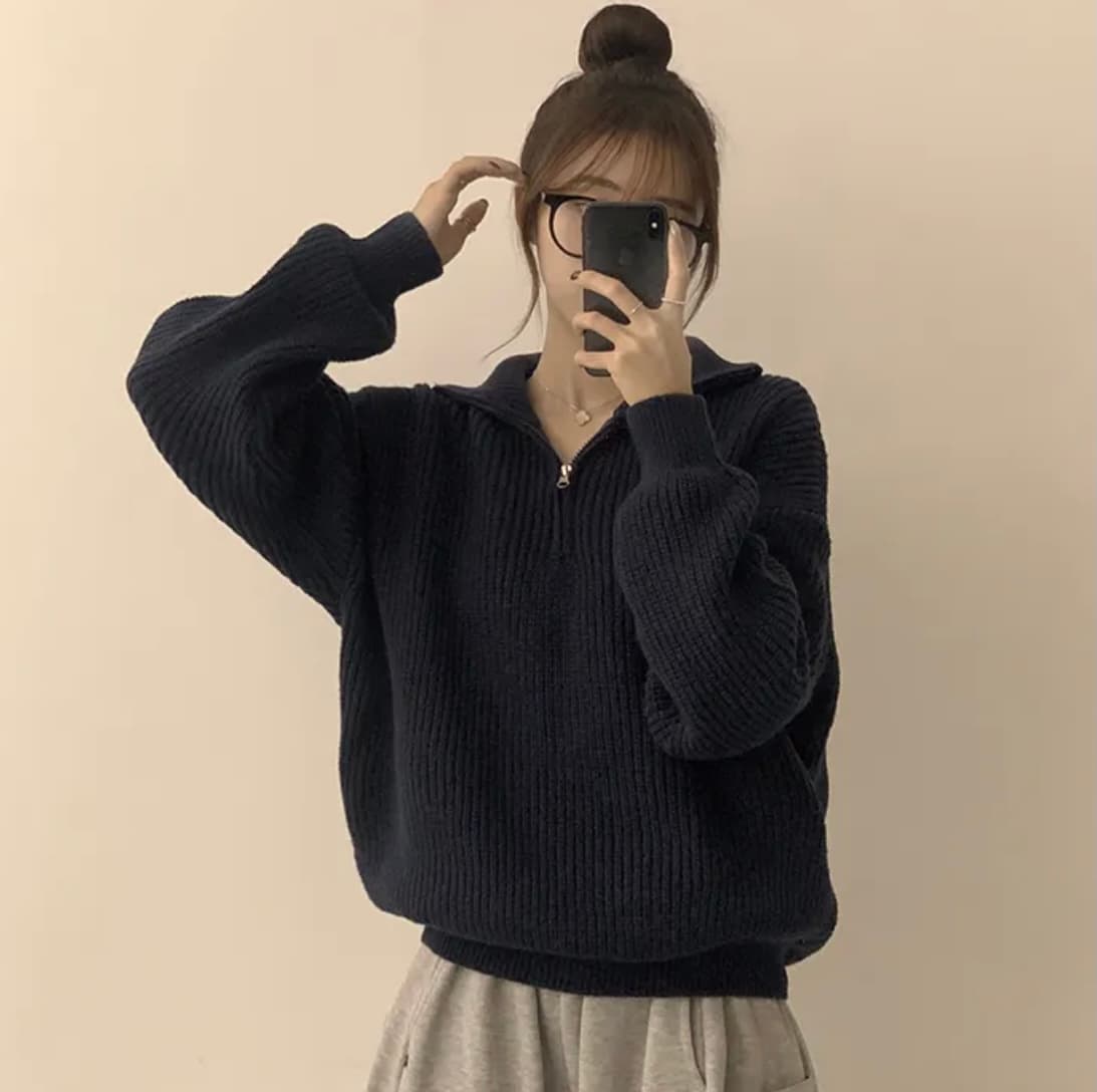 진짜 물품 한국 chic 해군 다용도 두꺼운 스타일 니트 스웨터 하프 지퍼 폴로 칼라 느긋한 보온 스웨터 상세 이미지 4