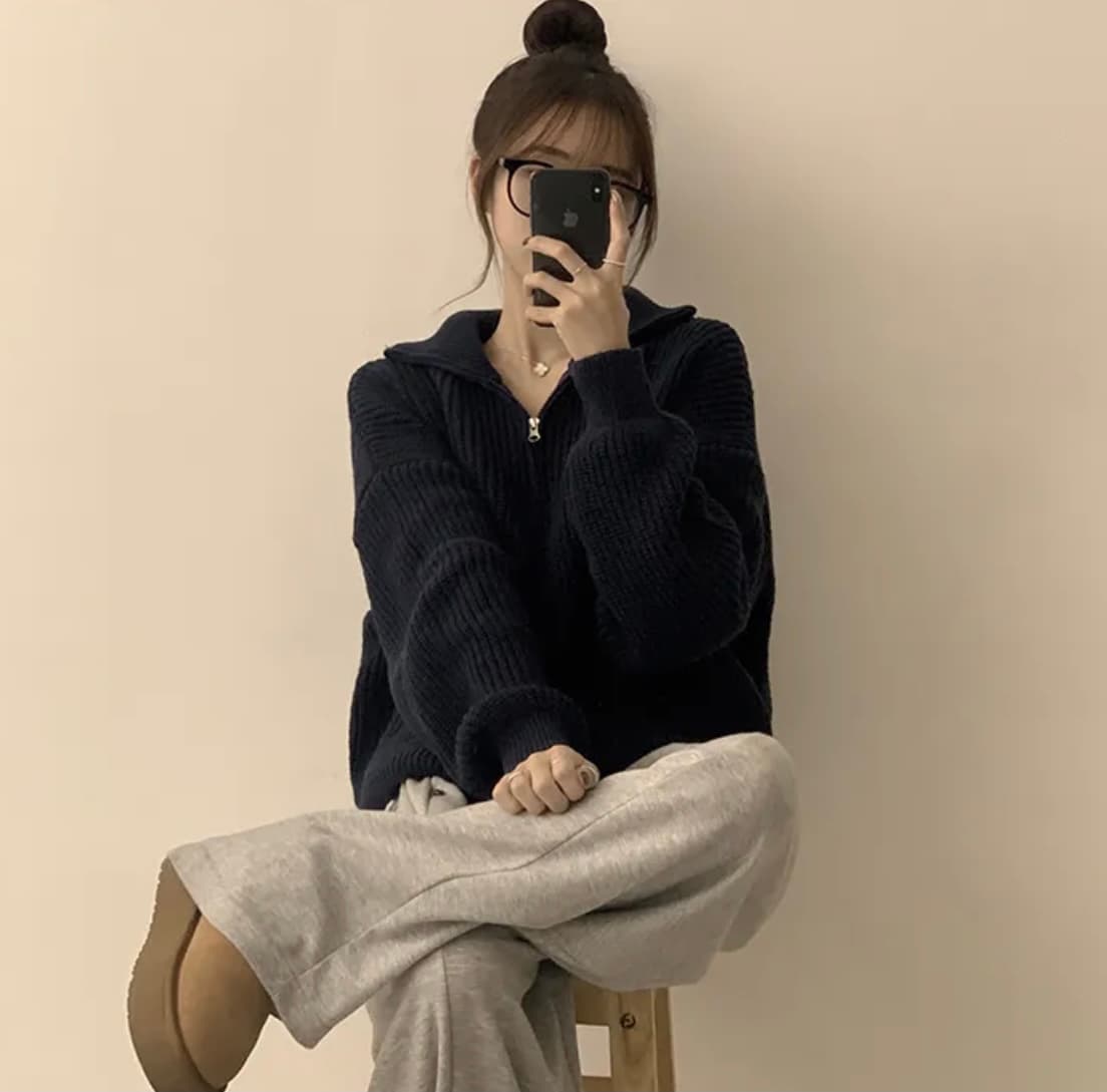 진짜 물품 한국 chic 해군 다용도 두꺼운 스타일 니트 스웨터 하프 지퍼 폴로 칼라 느긋한 보온 스웨터 상세 이미지 5