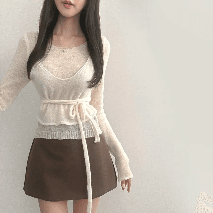 지금 재고 있음 빅 사이즈 한 chic 봄 가을 새로운 페이크 레이어드 디자인 센스 맨위 달콤함 스트랩 품격 니트 스웨터 상세 이미지 3