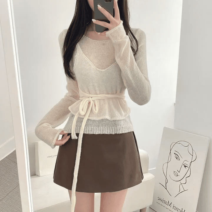 지금 재고 있음 빅 사이즈 한 chic 봄 가을 새로운 페이크 레이어드 디자인 센스 맨위 달콤함 스트랩 품격 니트 스웨터 상세 이미지 6