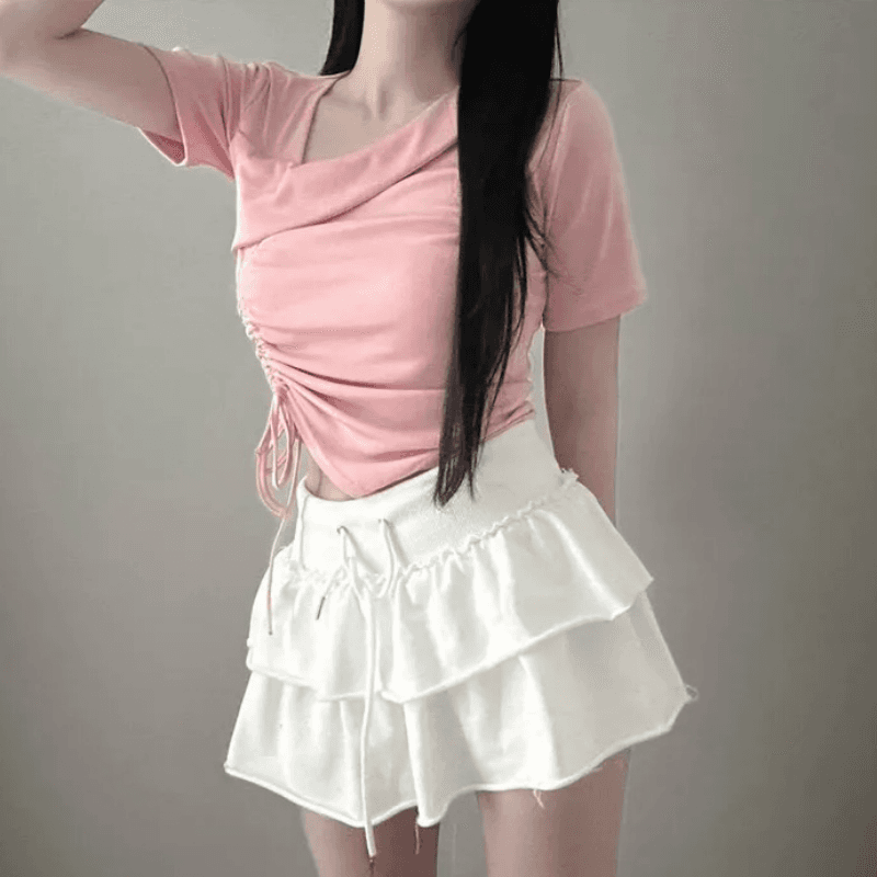 빅 사이즈 여성 의류 한국 chic 불규칙 비스듬한 칼라 펌프 로프 반팔 티셔츠 여름 슬림해 보이는 표지 고기 Chic 맨위 상세 이미지 12