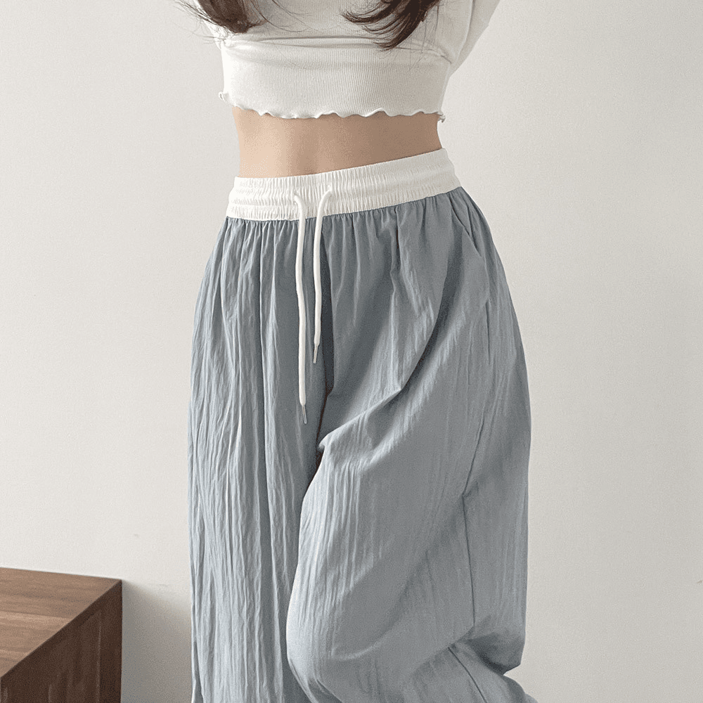 지금 재고 있음 빅 사이즈 한국 chic 배색 허리밴드 루즈핏 도루 센스 스트레이트 팬츠 속도 건조한 얇은 스타일 와이드 레그 팬츠 상세 이미지 2