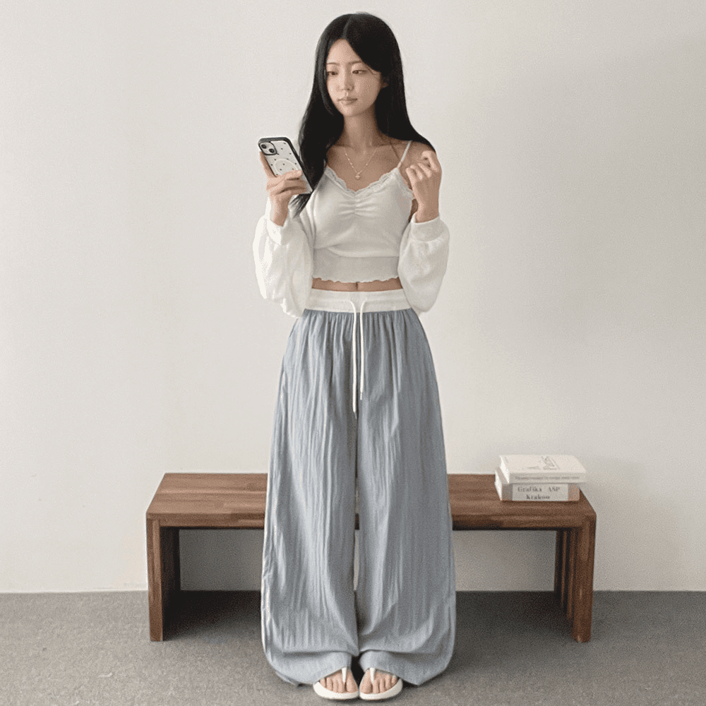 지금 재고 있음 빅 사이즈 한국 chic 배색 허리밴드 루즈핏 도루 센스 스트레이트 팬츠 속도 건조한 얇은 스타일 와이드 레그 팬츠 상세 이미지 3