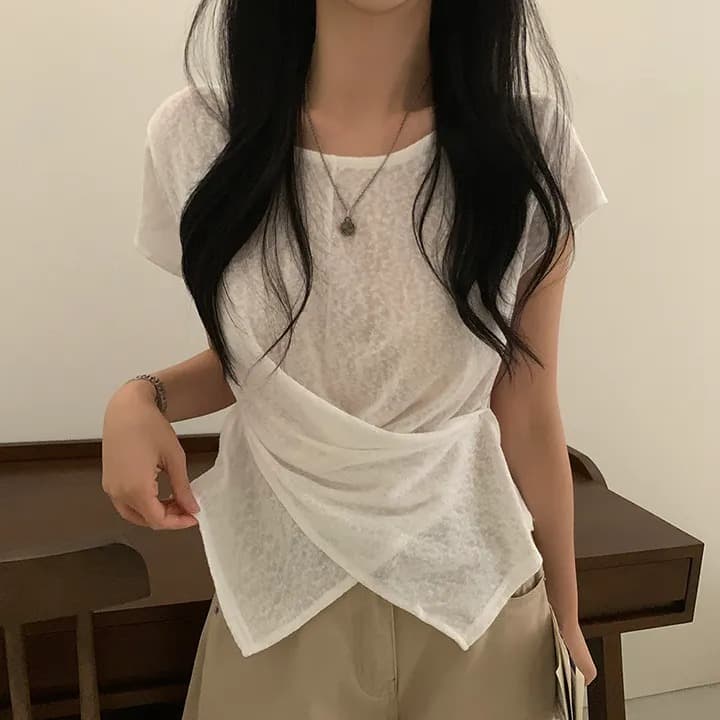빅 사이즈 여성 의류 여름 라운드 넥 대나무 마디 면 얇은 스타일 디자인 센스 십자가 표지 고기 루즈핏 다용도 티셔츠